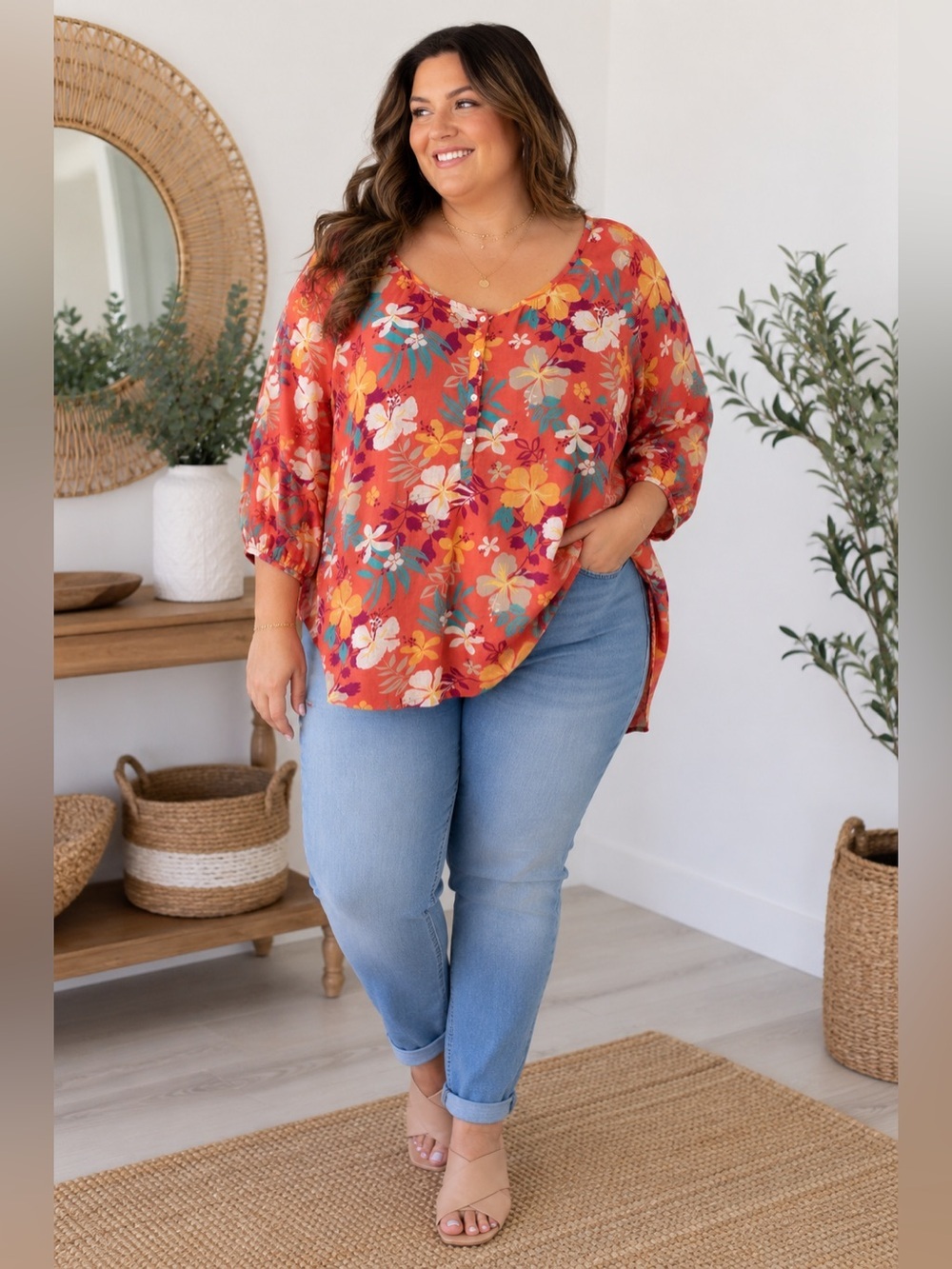 Woolworths Coral Tropical Floral Button-Front Blouse Size 20 Cotton Coastal Boho